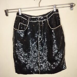 I. Magnin All Over Sequin Skirt Black Silk Pencil Party Cocktail